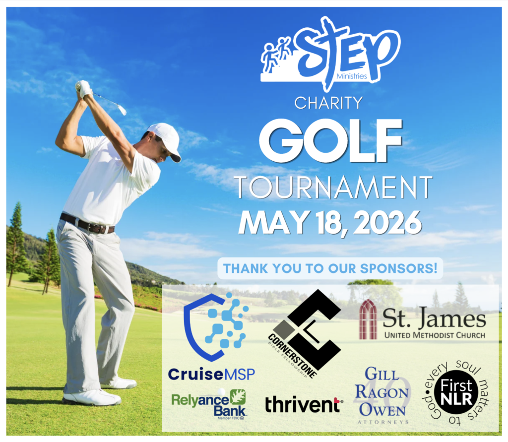 A man in a white golf outfit swings a club on a sunny golf course. Text reads: STEP Ministries Charity Golf Tournament, May 18, 2026. Sponsor logos and a thank you message appear at the bottom.