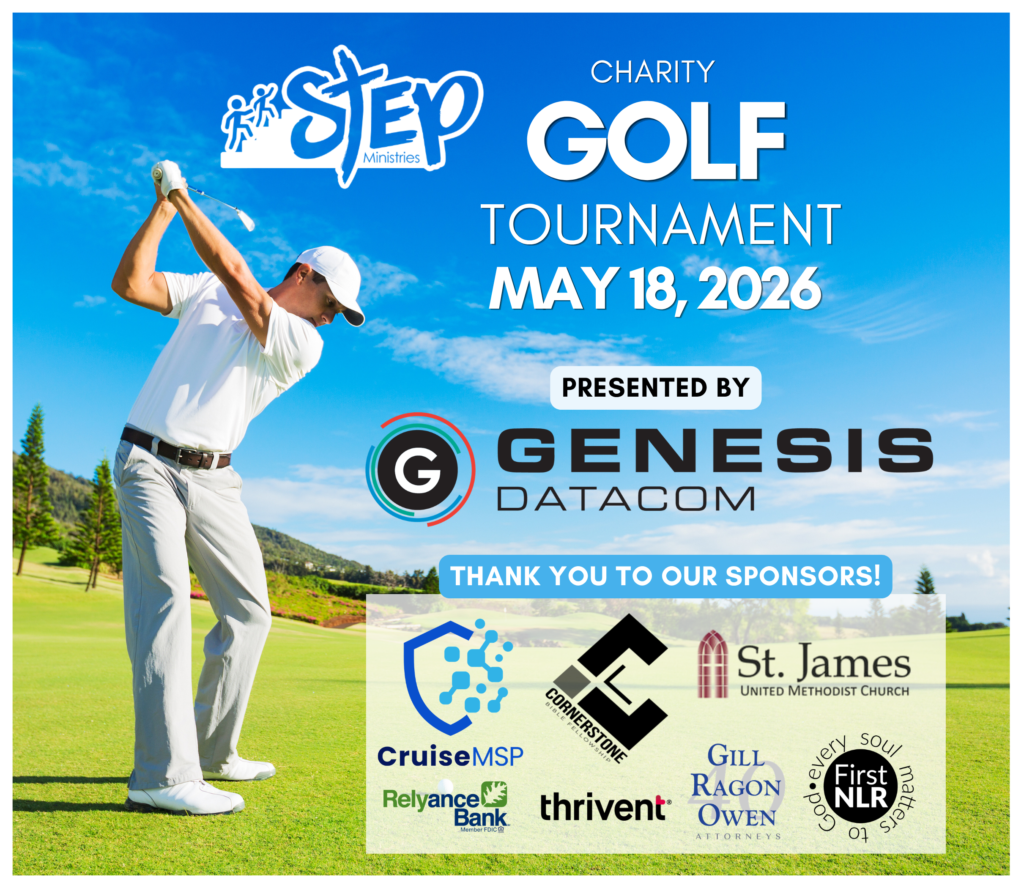 A man swings a golf club on a sunny course. Text promotes the Step Ministries Charity Golf Tournament on May 18, 2026, presented by Genesis Datacom, with several sponsor logos at the bottom.